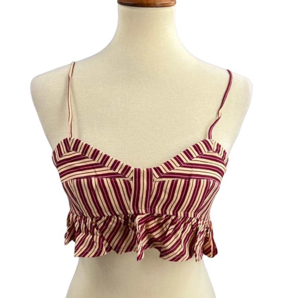 Agua Bendita Crop Top Beige Red Striped Ruffles Linen Blend Large New